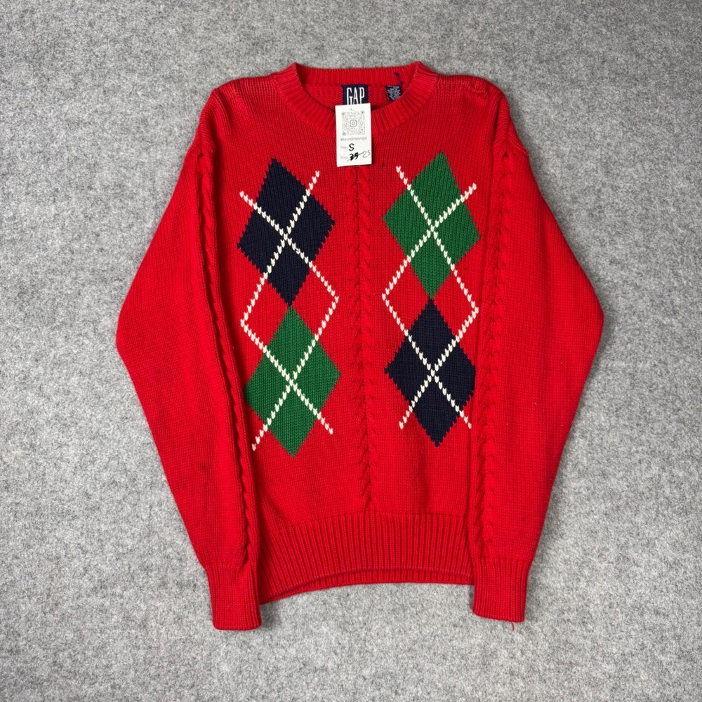 Gap Vintage Argyle Cable Knit Sweater Red Blue Green Cotton Crewneck Mens‎ Small